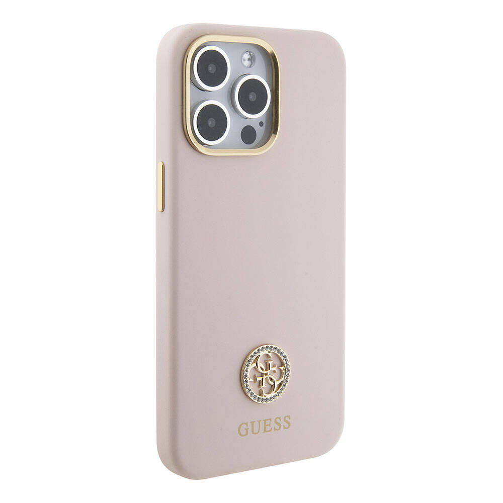 Apple iPhone 15 Pro Max Kılıf Guess Orjinal Lisanslı Yazı ve Taşlı 4G Logolu Metal Kamera Çerçeveli Silikon Kapak Pembe