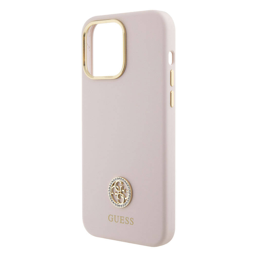 Apple iPhone 15 Pro Max Kılıf Guess Orjinal Lisanslı Yazı ve Taşlı 4G Logolu Metal Kamera Çerçeveli Silikon Kapak Pembe