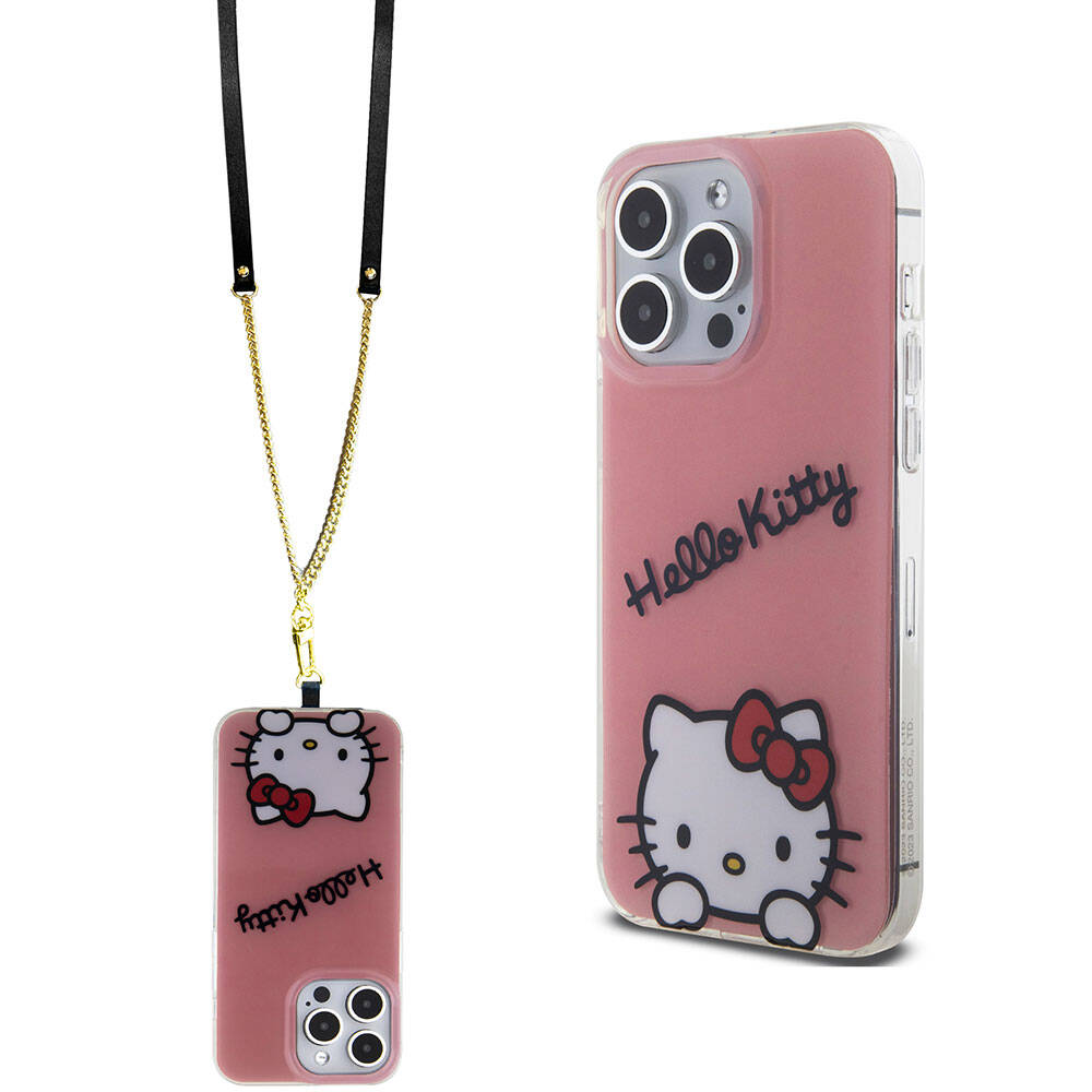 iPhone 15 Pro Max Kılıf Hello Kitty Orjinal Lisanslı Askılı Yazı ve İkonik Logolu Daydreaming Kılıf Pembe