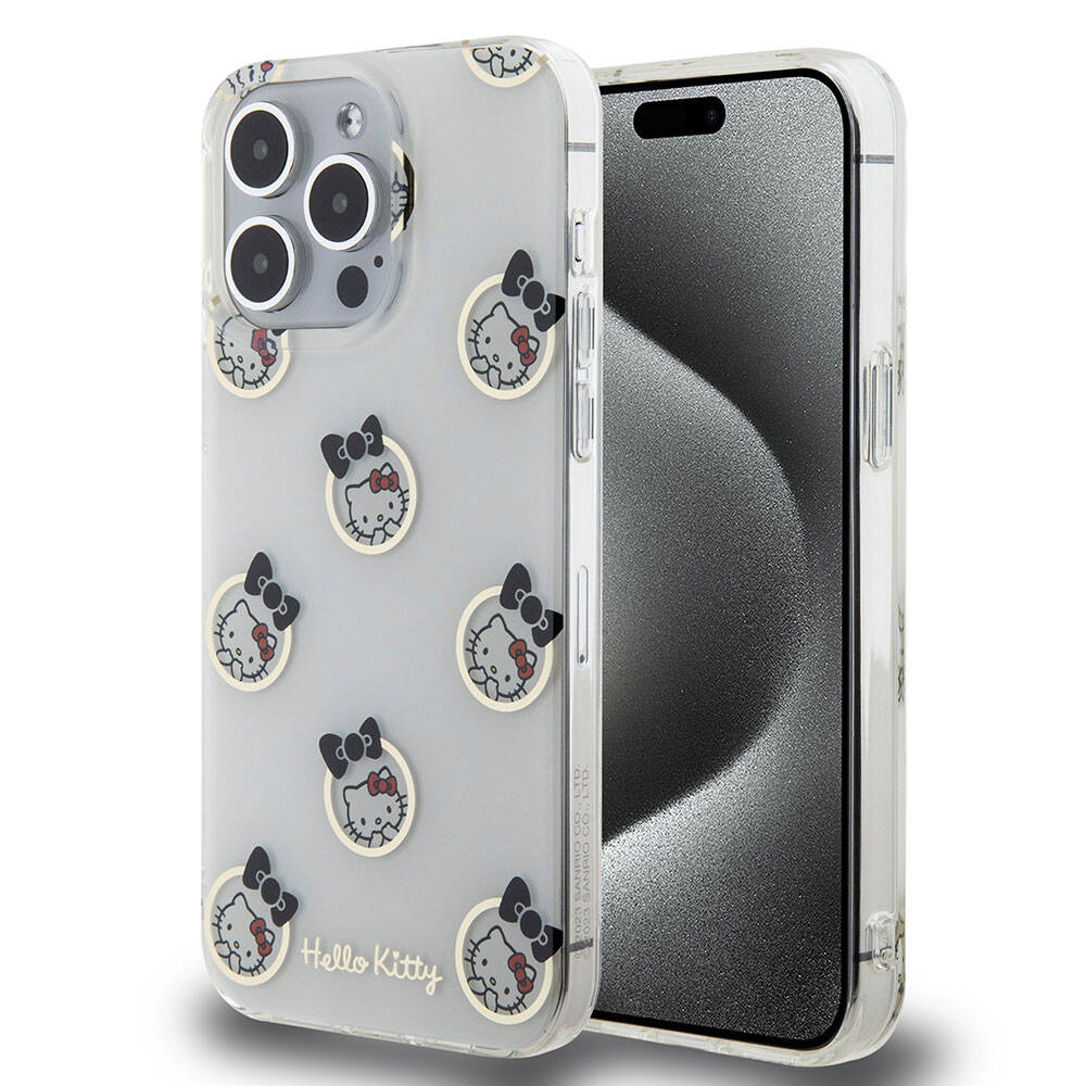 iPhone 15 Pro Max Kılıf Hello Kitty Orjinal Lisanslı Elektroplating Kaplama Kabarcık Baskılı Kılıf Beyaz
