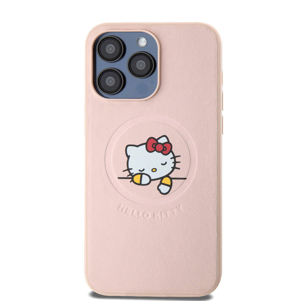 iPhone 15 Pro Max Kılıf Hello Kitty Orjinal Lisanslı Magsafe Şarj Özellikli Baskı Logolu Uyuyan Kitty Deri Kılıf Pembe