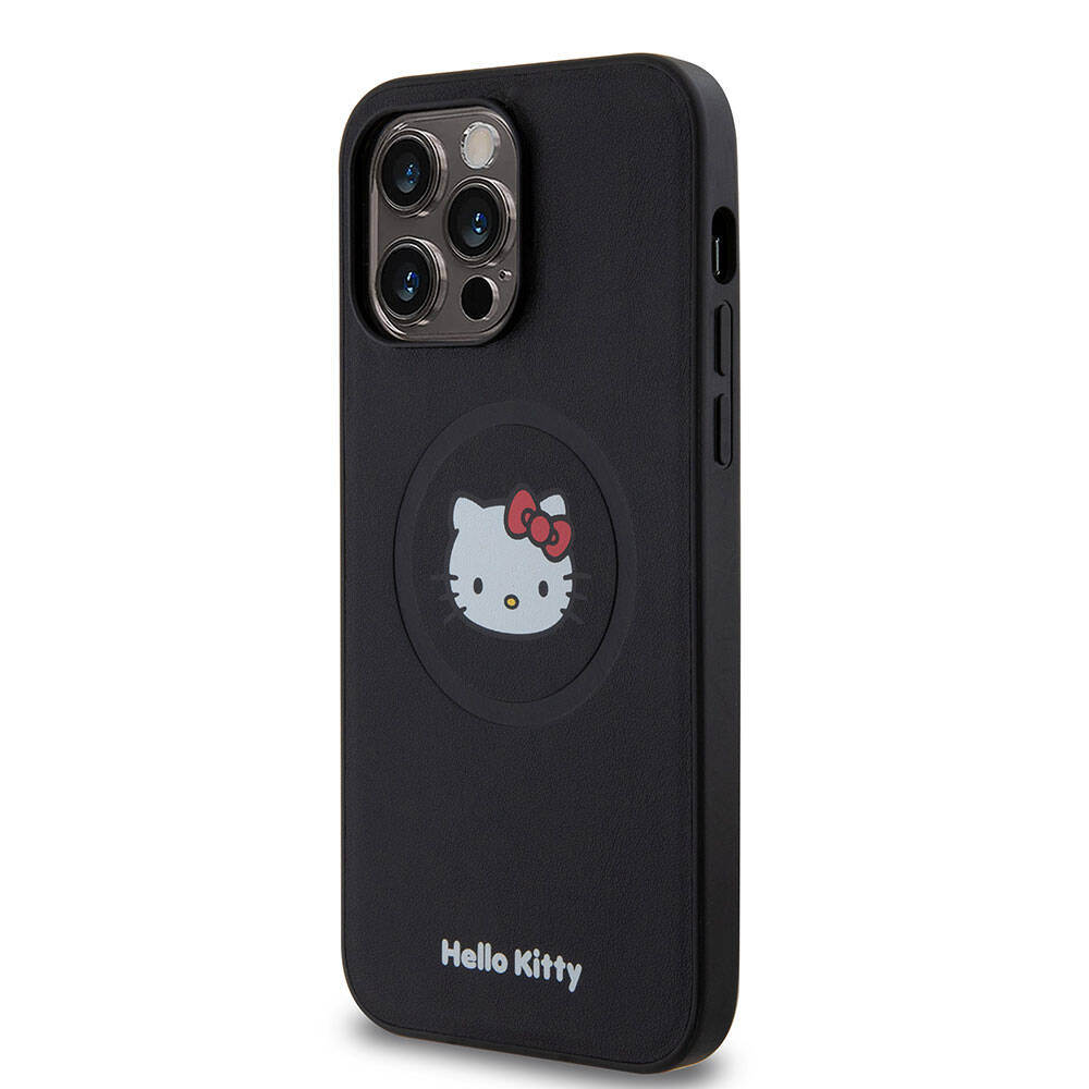 iPhone 15 Pro Max Kılıf Hello Kitty Orjinal Lisanslı Magsafe Şarj Özellikli Kitty Head Deri Kılıf Siyah