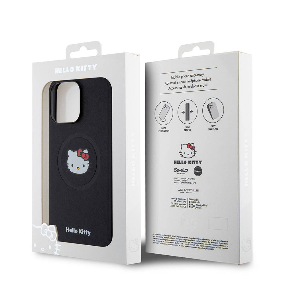 iPhone 15 Pro Max Kılıf Hello Kitty Orjinal Lisanslı Magsafe Şarj Özellikli Kitty Head Deri Kılıf Siyah