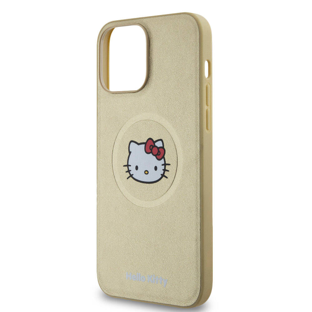 iPhone 15 Pro Max Kılıf Hello Kitty Orjinal Lisanslı Magsafe Şarj Özellikli Kitty Head Deri Kılıf Gold