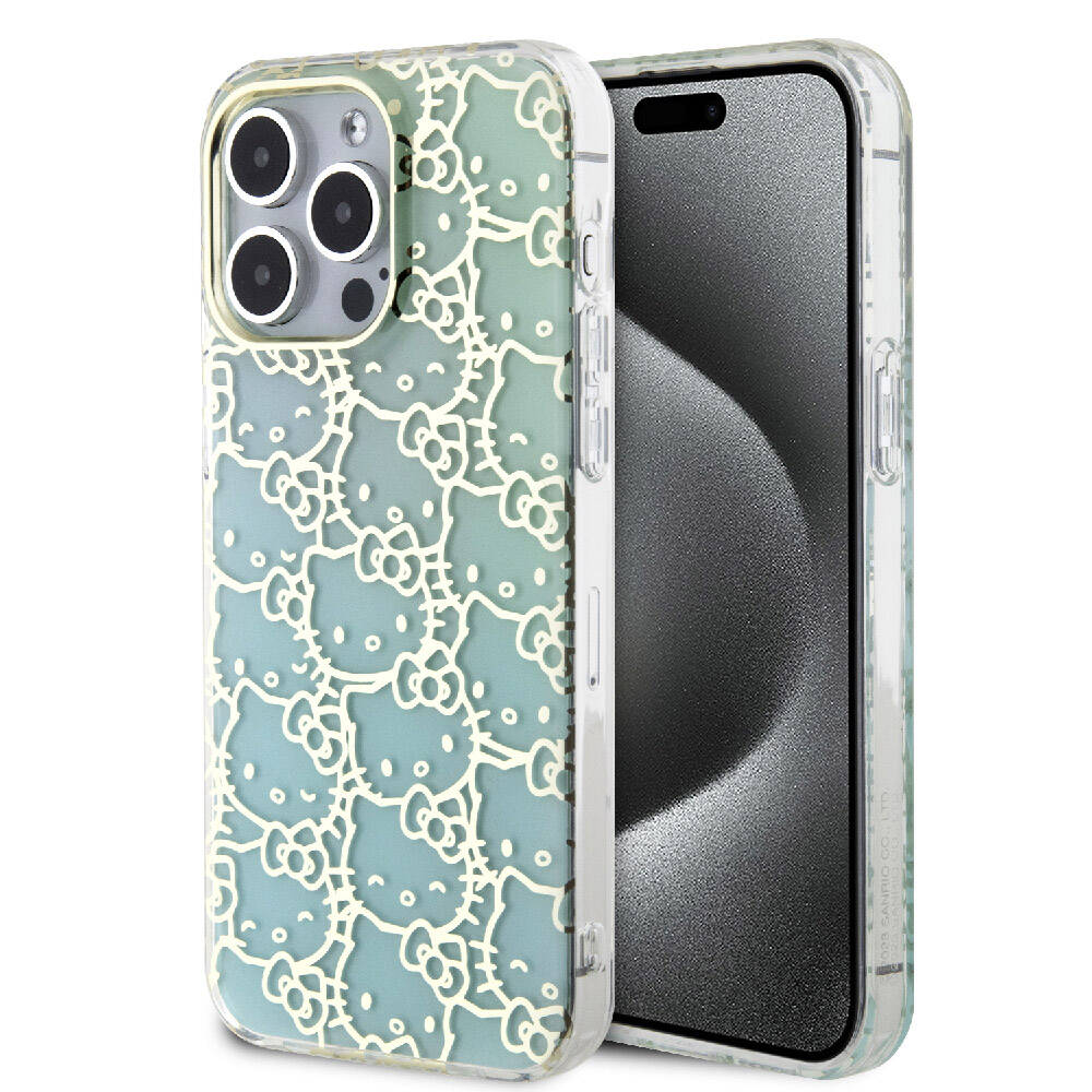 iPhone 15 Pro Max Kılıf Hello Kitty Orjinal Lisanslı Renk Geçişli Elektroplating Kaplama Kitty Head Desenli Kılıf Mavi