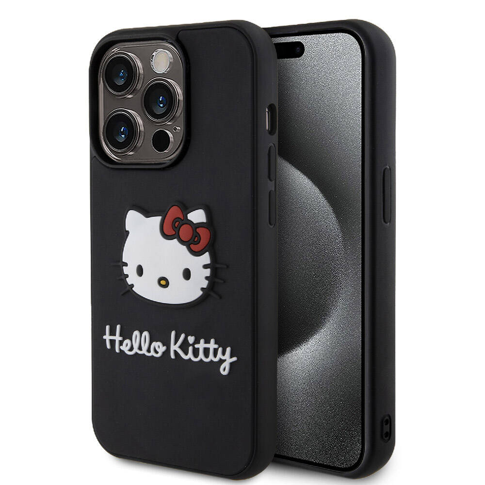 iPhone 15 Pro Max Kılıf Hello Kitty Orjinal Lisanslı Yazı ve İkonik Logolu 3D Rubber Kitty Head Kılıf Kırmızı