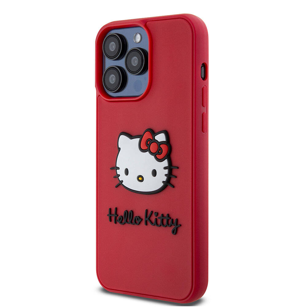 iPhone 15 Pro Max Kılıf Hello Kitty Orjinal Lisanslı Yazı ve İkonik Logolu 3D Rubber Kitty Head Kılıf Kırmızı
