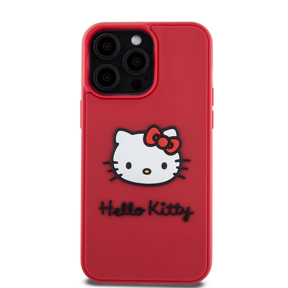 iPhone 15 Pro Max Kılıf Hello Kitty Orjinal Lisanslı Yazı ve İkonik Logolu 3D Rubber Kitty Head Kılıf Kırmızı