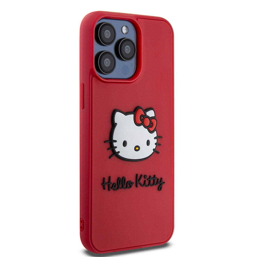 iPhone 15 Pro Max Kılıf Hello Kitty Orjinal Lisanslı Yazı ve İkonik Logolu 3D Rubber Kitty Head Kılıf Kırmızı