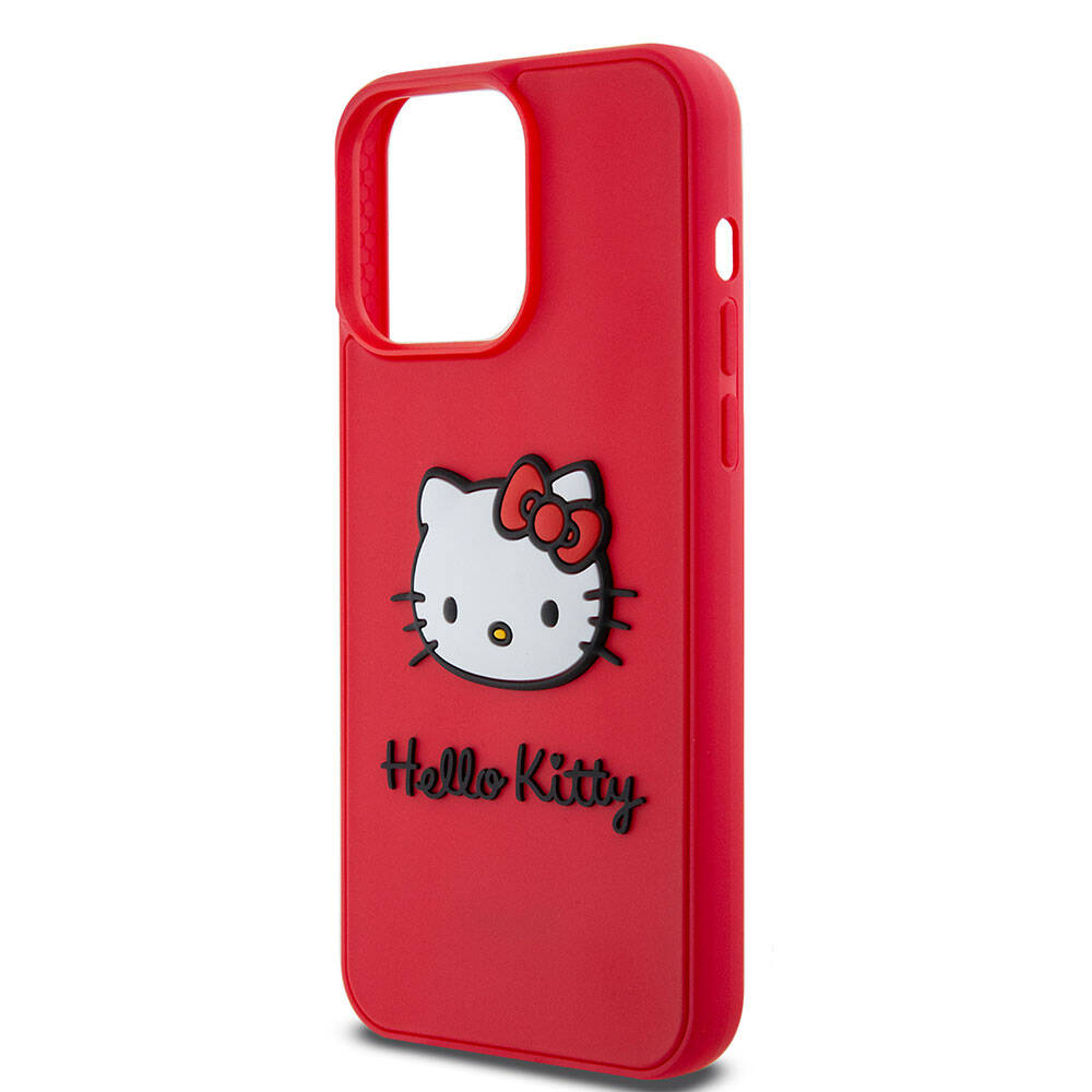 iPhone 15 Pro Max Kılıf Hello Kitty Orjinal Lisanslı Yazı ve İkonik Logolu 3D Rubber Kitty Head Kılıf Kırmızı
