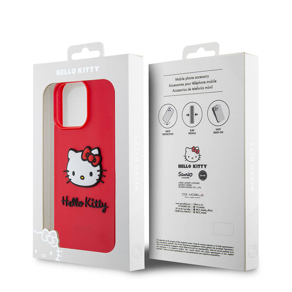 iPhone 15 Pro Max Kılıf Hello Kitty Orjinal Lisanslı Yazı ve İkonik Logolu 3D Rubber Kitty Head Kılıf Kırmızı