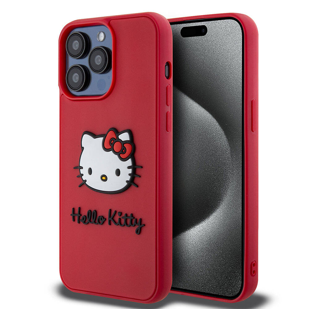 iPhone 15 Pro Max Kılıf Hello Kitty Orjinal Lisanslı Yazı ve İkonik Logolu 3D Rubber Kitty Head Kılıf Kırmızı