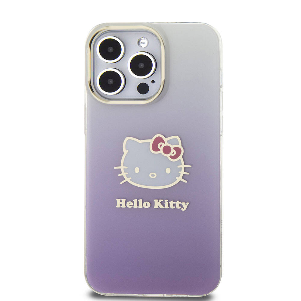 iPhone 15 Pro Max Kılıf Hello Kitty Orjinal Lisanslı Yazı ve İkonik Logolu Elektroplating Kaplama Gradyan Kılıf Mor