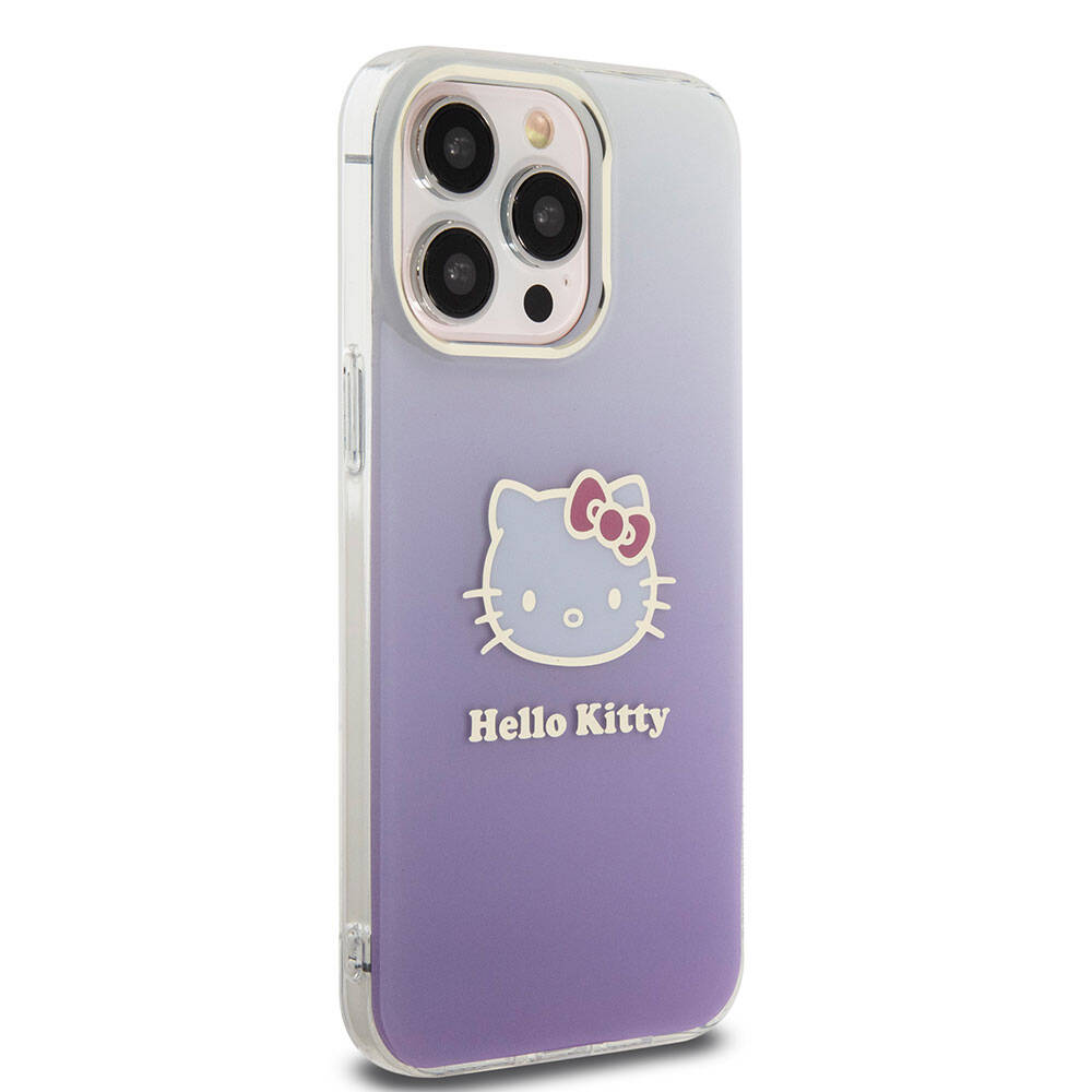 iPhone 15 Pro Max Kılıf Hello Kitty Orjinal Lisanslı Yazı ve İkonik Logolu Elektroplating Kaplama Gradyan Kılıf Mor