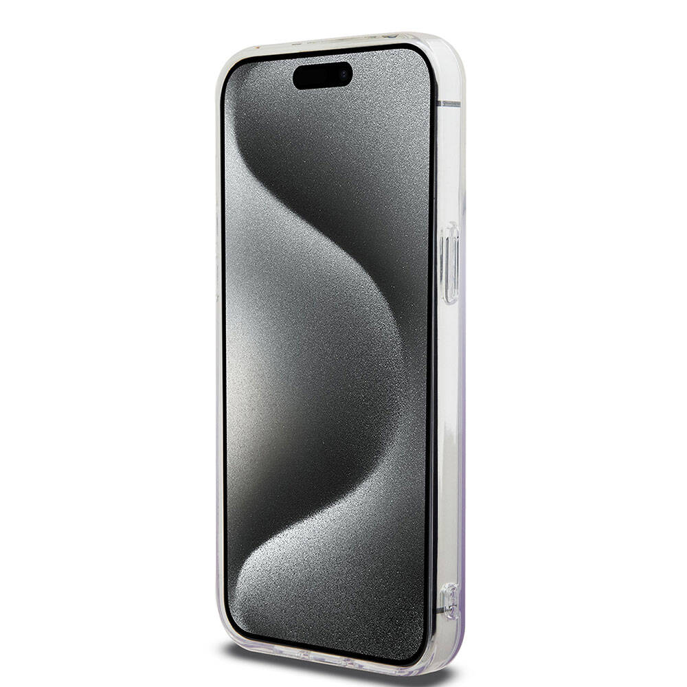 iPhone 15 Pro Max Kılıf Hello Kitty Orjinal Lisanslı Yazı ve İkonik Logolu Elektroplating Kaplama Gradyan Kılıf Mor