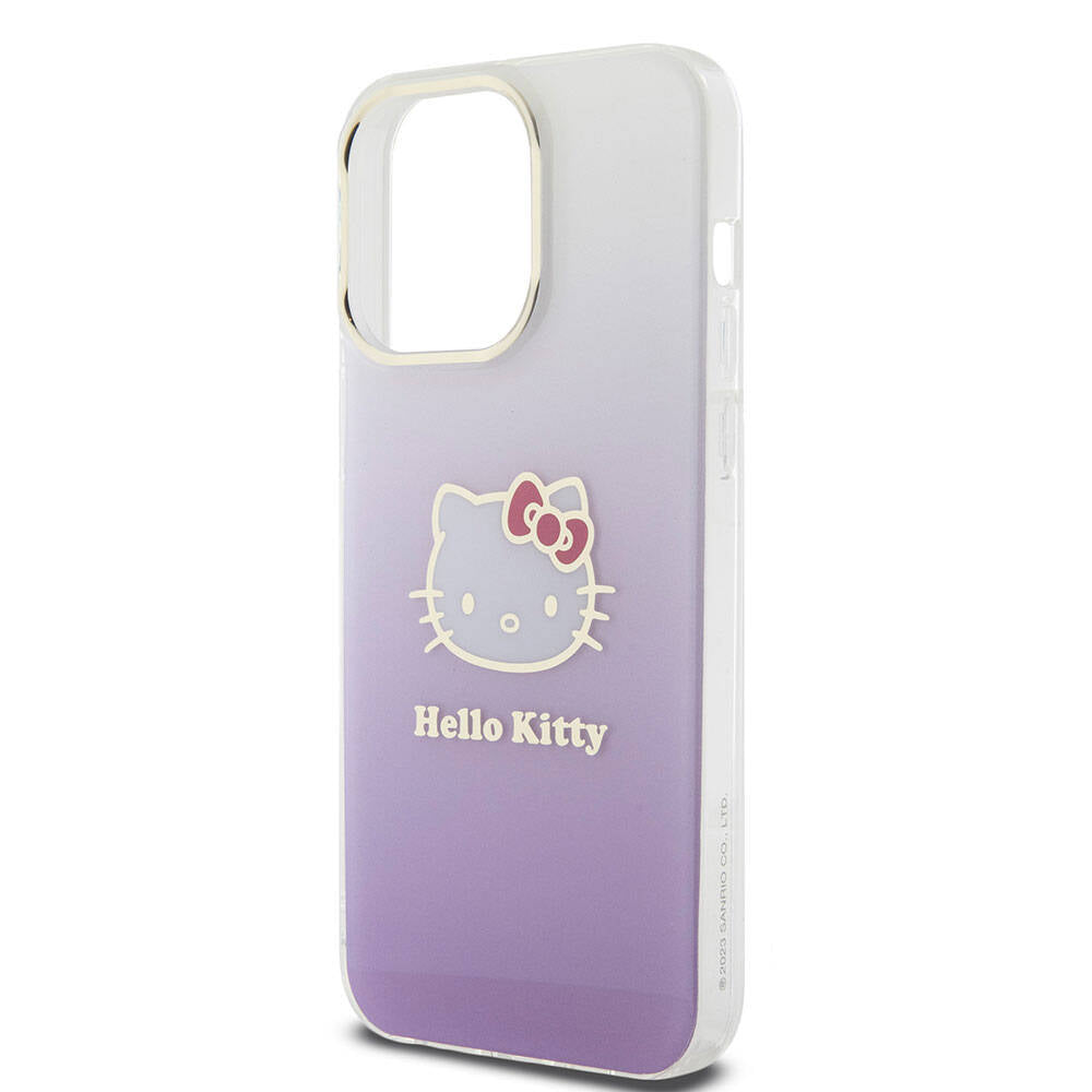 iPhone 15 Pro Max Kılıf Hello Kitty Orjinal Lisanslı Yazı ve İkonik Logolu Elektroplating Kaplama Gradyan Kılıf Mor