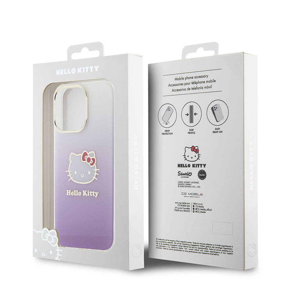 iPhone 15 Pro Max Kılıf Hello Kitty Orjinal Lisanslı Yazı ve İkonik Logolu Elektroplating Kaplama Gradyan Kılıf Mor