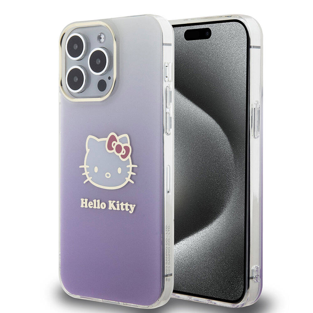 iPhone 15 Pro Max Kılıf Hello Kitty Orjinal Lisanslı Yazı ve İkonik Logolu Elektroplating Kaplama Gradyan Kılıf Mor