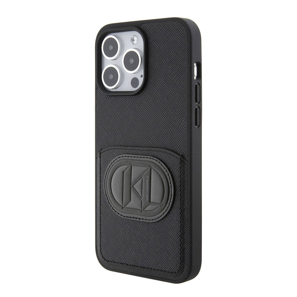 iPhone 15 Pro Max Kılıf Karl Lagerfeld Kartlıklı Saffiano K&L Patch Orjinal Lisanslı Kılıf Siyah