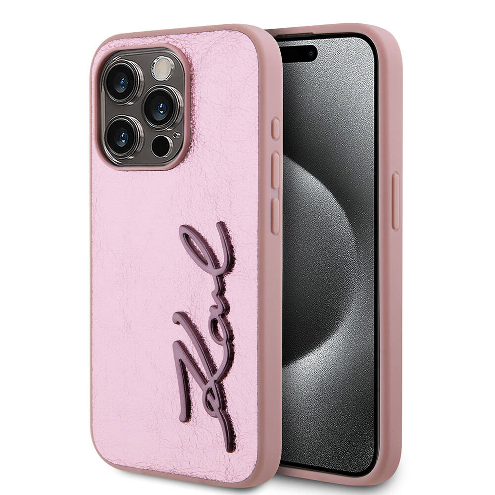 iPhone Kılıf Karl Lagerfeld Orjinal Lisanslı 3D KL Yazılı Tüylü Arka Yüzey Saffiano Rhinestones Kapak Gold- Product vendor