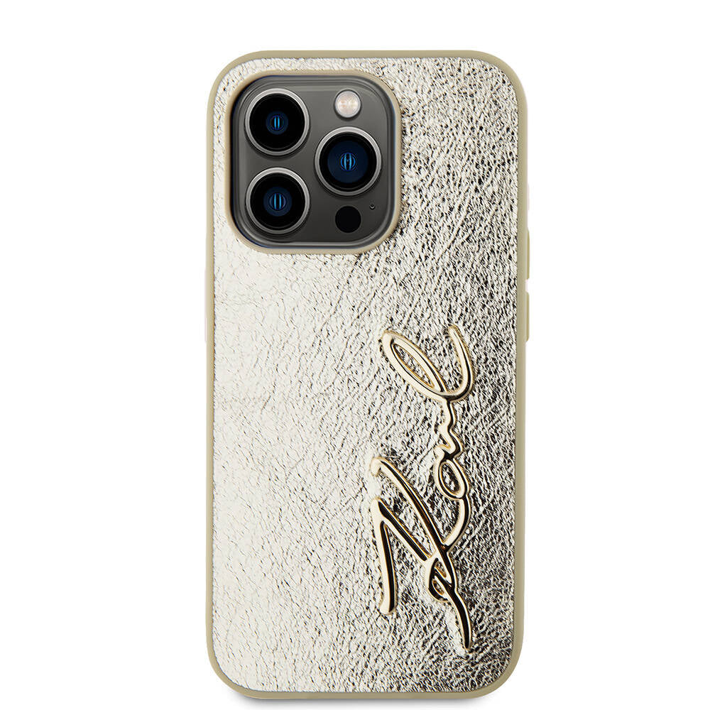 iPhone Kılıf Karl Lagerfeld Orjinal Lisanslı 3D KL Yazılı Tüylü Arka Yüzey Saffiano Rhinestones Kapak Gold- Product vendor