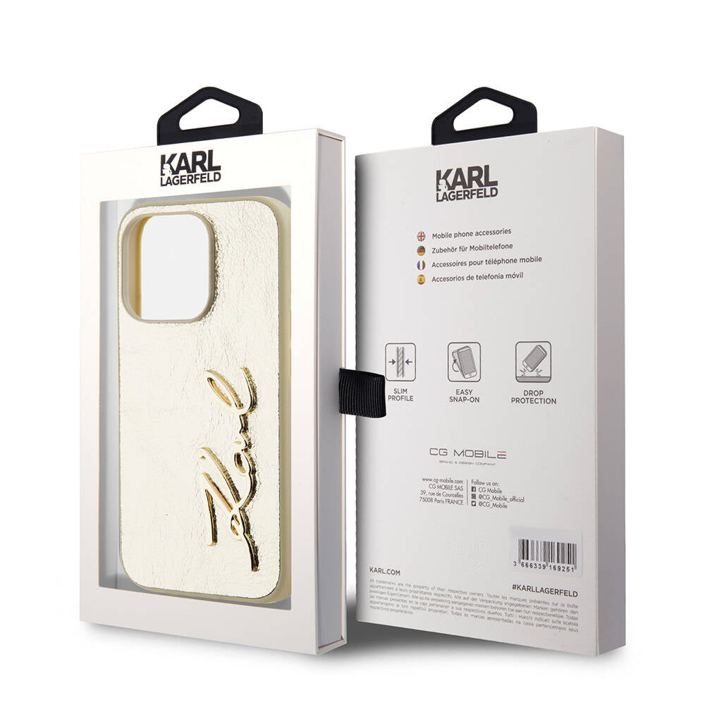 iPhone Kılıf Karl Lagerfeld Orjinal Lisanslı 3D KL Yazılı Tüylü Arka Yüzey Saffiano Rhinestones Kapak Gold- Product vendor