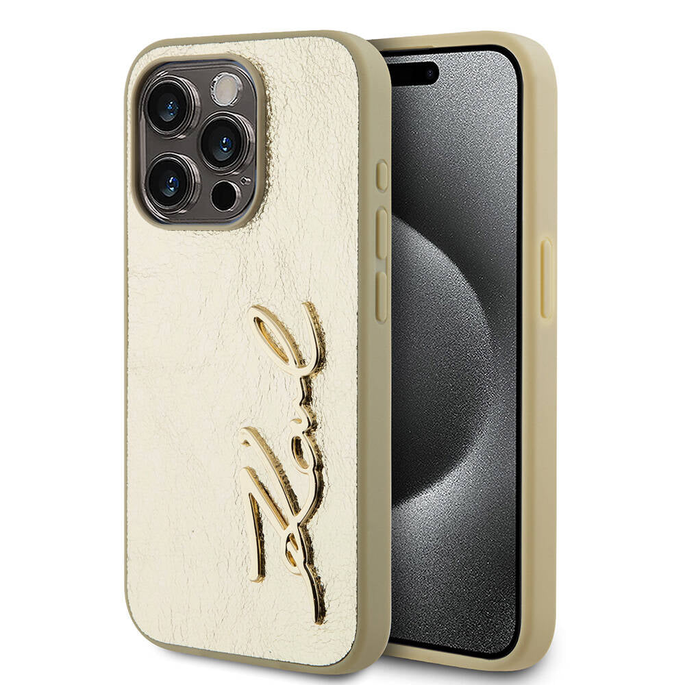 iPhone Kılıf Karl Lagerfeld Orjinal Lisanslı 3D KL Yazılı Tüylü Arka Yüzey Saffiano Rhinestones Kapak Gold- Product vendor