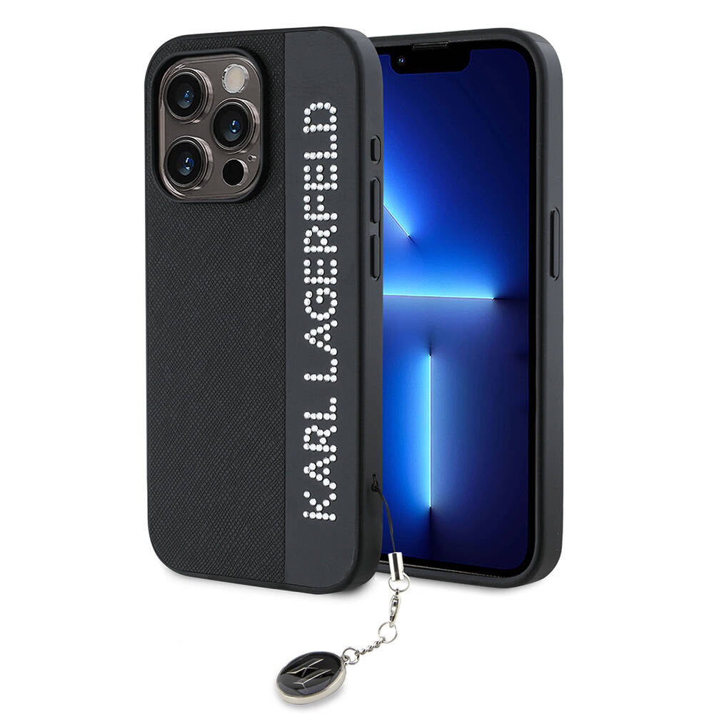 iPhone Kılıf Karl Lagerfeld Orjinal Lisanslı Anahtarlıklı Taşlı KL Yazılı Saffiano Rhinestones Kapak Siyah- Product vendor