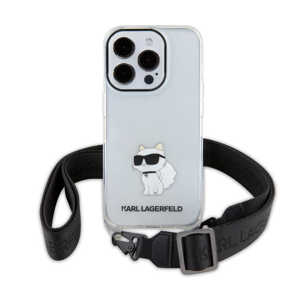 iPhone 15 Pro Max Kılıf Karl Lagerfeld Orjinal Lisanslı Boyun Askılı Choupette İkonik Crossbody Kılıf Renksiz