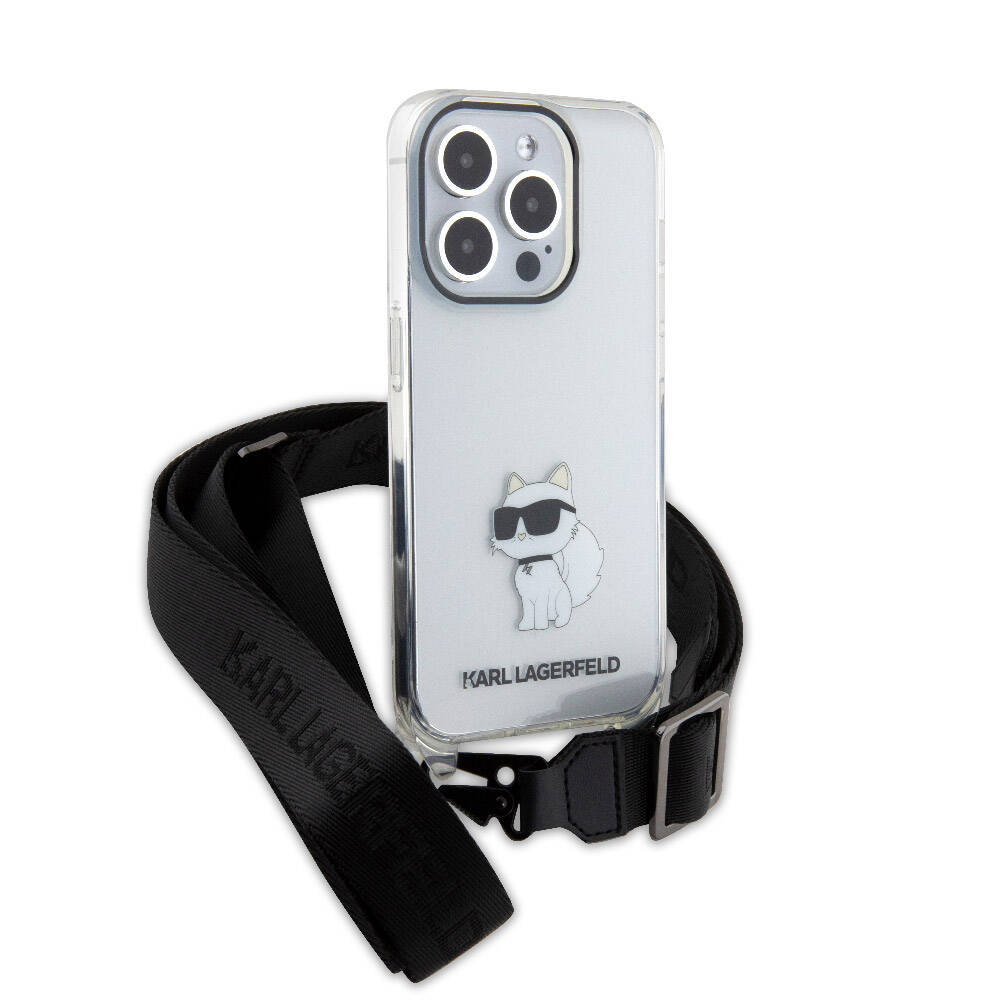 iPhone 15 Pro Max Kılıf Karl Lagerfeld Orjinal Lisanslı Boyun Askılı Choupette İkonik Crossbody Kılıf Renksiz