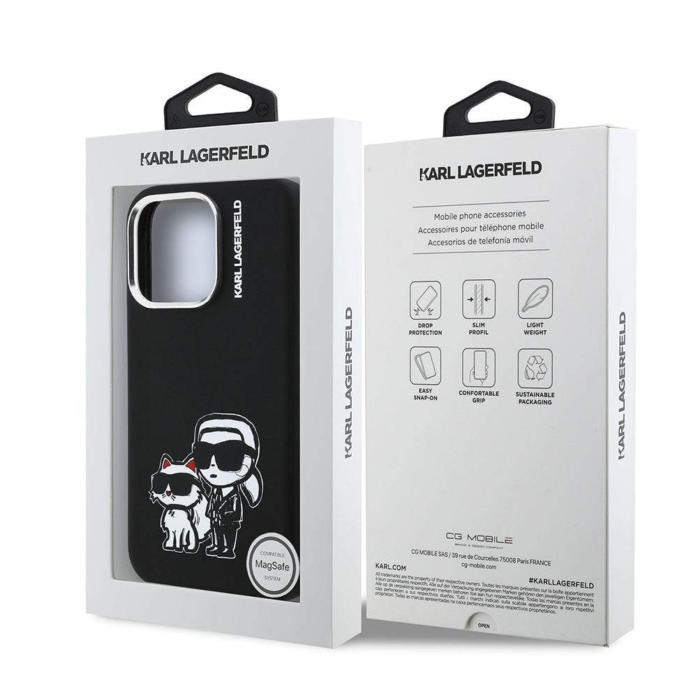 Apple iPhone 15 Pro Max Kılıf Karl Lagerfeld Orjinal Lisanslı Karl & Choupette Sketch Logo Sililkon Kapak Siyah