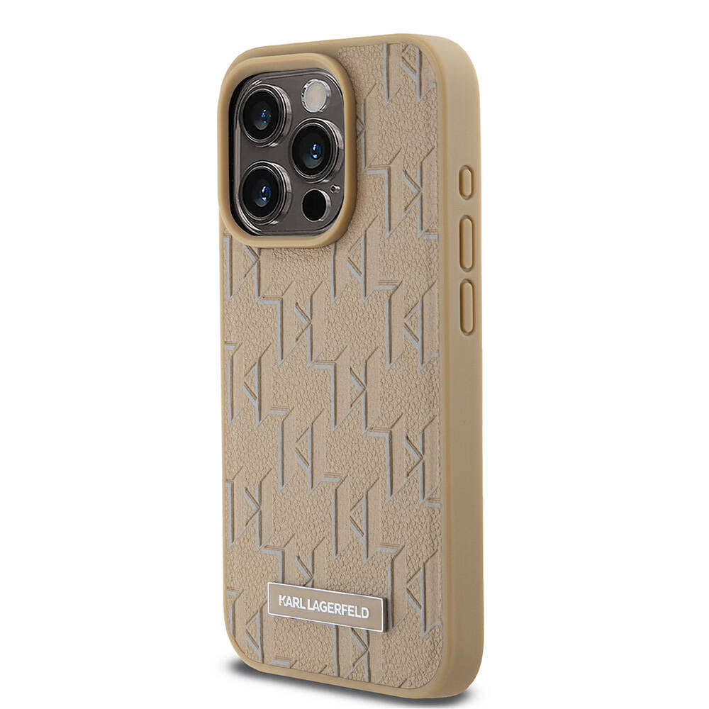 iPhone 15 Pro Max Kılıf Karl Lagerfeld Orjinal Lisanslı Magsafe Şarj Özellikli KL Yazılı Hot Stamp Kılıf Krem