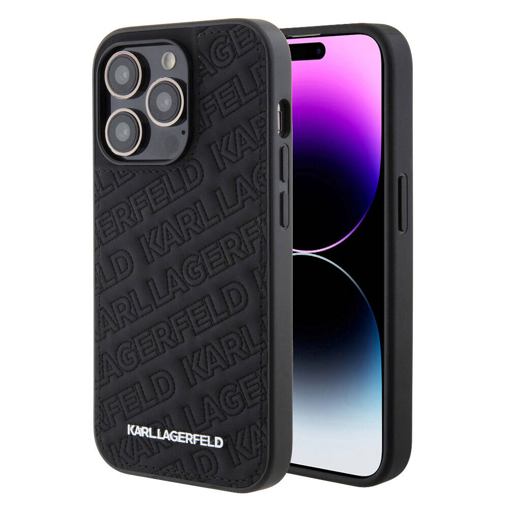 iPhone 15 Pro Max Kılıf Karl Lagerfeld Orjinal Lisanslı Metal Yazı Logolu Dikişli Logo Arka Yüzey Kapitone Kılıf Siyah