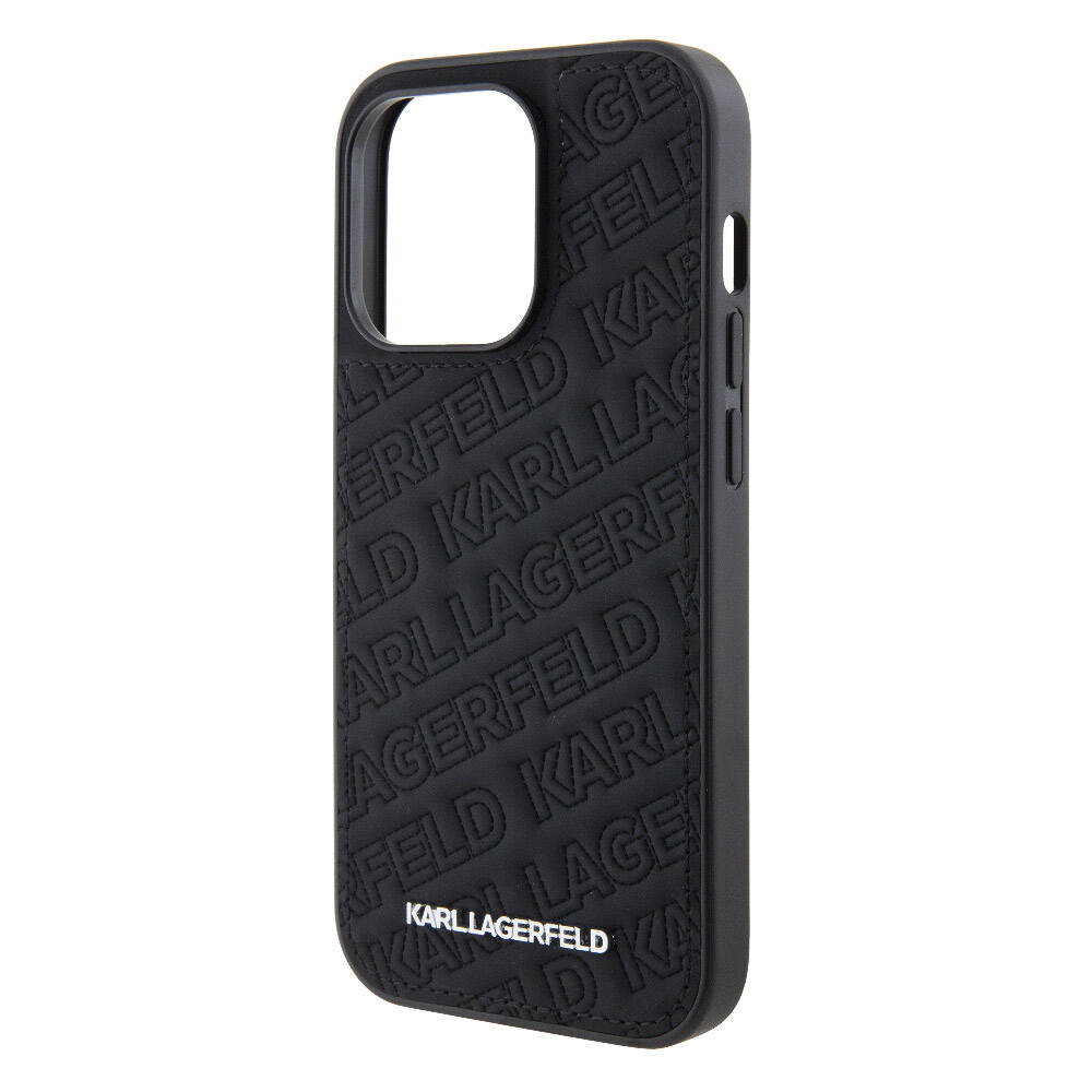 iPhone 15 Pro Max Kılıf Karl Lagerfeld Orjinal Lisanslı Metal Yazı Logolu Dikişli Logo Arka Yüzey Kapitone Kılıf Siyah