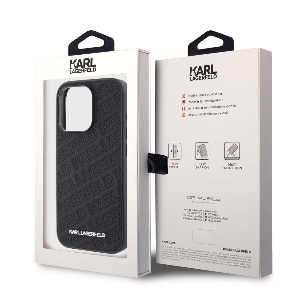 iPhone 15 Pro Max Kılıf Karl Lagerfeld Orjinal Lisanslı Metal Yazı Logolu Dikişli Logo Arka Yüzey Kapitone Kılıf Siyah