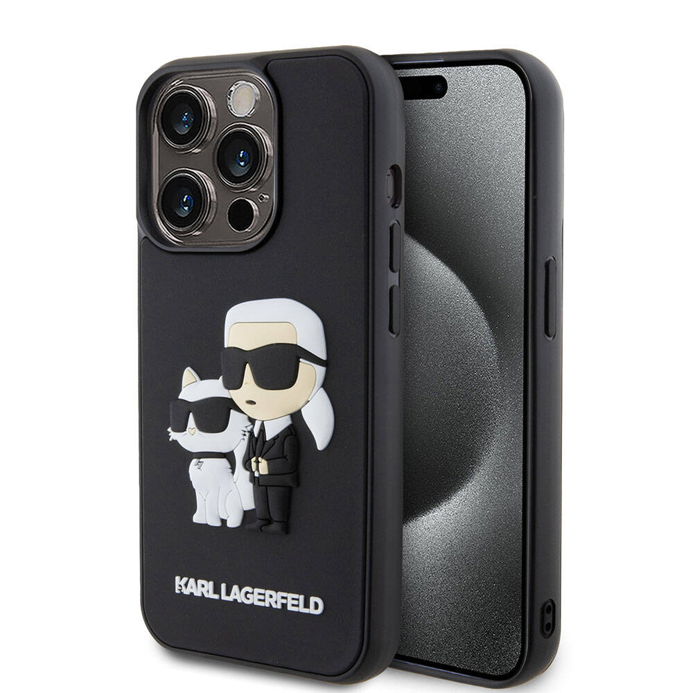 iPhone 15 Pro Max Kılıf Karl Lagerfeld Silikon 3D K&C Logo Orjinal Lisanslı Kılıf Siyah