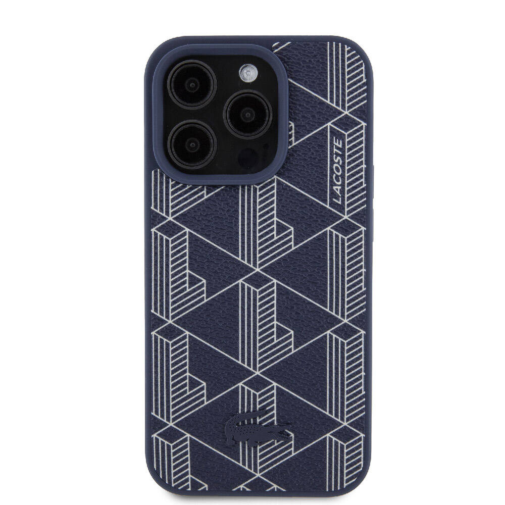 iPhone 15 Pro Max Kılıf Lacoste Orjinal Lisanslı Magsafe Şarj Özellikli PU Deri Görünümlü Karışık Monogram Desenli Kılıf Lacivert