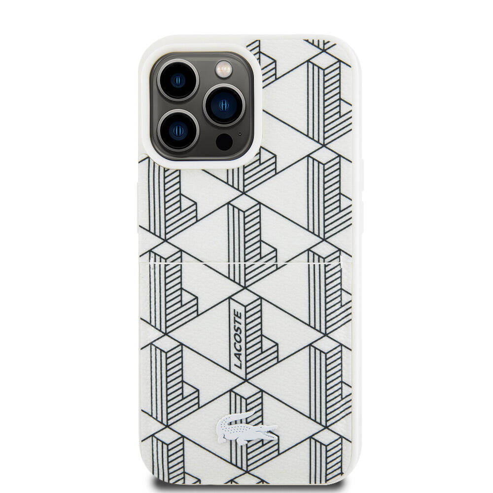 iPhone 15 Pro Max Kılıf Lacoste Orjinal Lisanslı Magsafe Şarj Özellikli PU Deri Görünümlü Kartlıklı Karışık Monogram Desenli Kılıf Beyaz