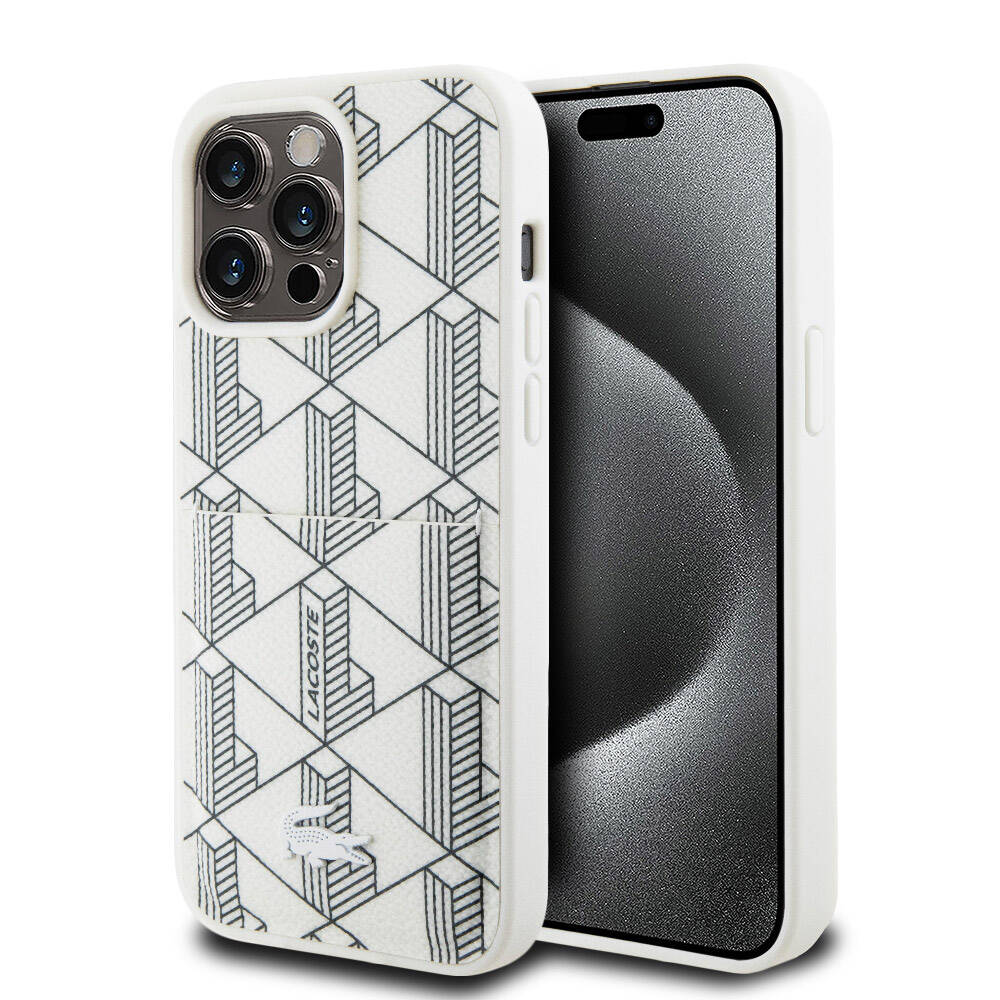 iPhone 15 Pro Max Kılıf Lacoste Orjinal Lisanslı Magsafe Şarj Özellikli PU Deri Görünümlü Kartlıklı Karışık Monogram Desenli Kılıf Beyaz