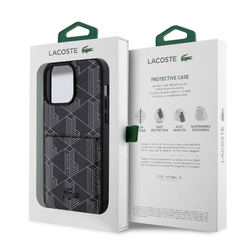 iPhone 15 Pro Max Kılıf Lacoste Orjinal Lisanslı Magsafe Şarj Özellikli PU Deri Görünümlü Kartlıklı Karışık Monogram Desenli Kılıf Beyaz