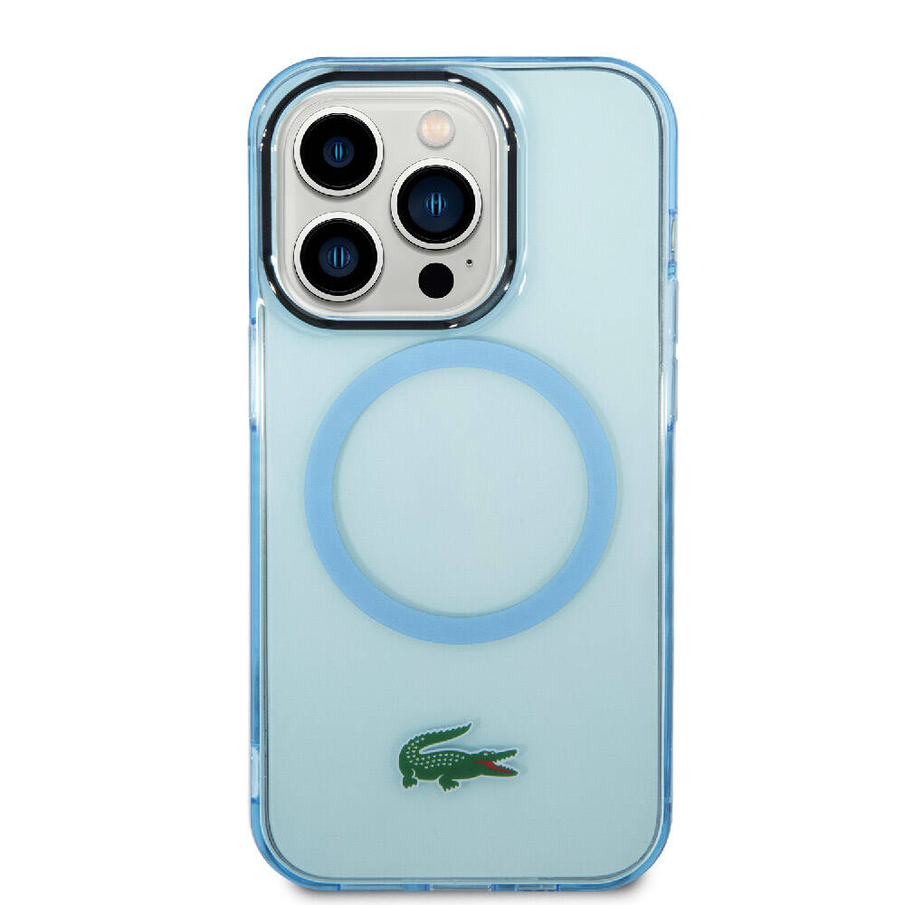 iPhone 15 Pro Max Kılıf Lacoste Orjinal Lisanslı Magsafe Şarj Özellikli Transparan Timsah Logo Baskılı Kılıf Mavi Açık