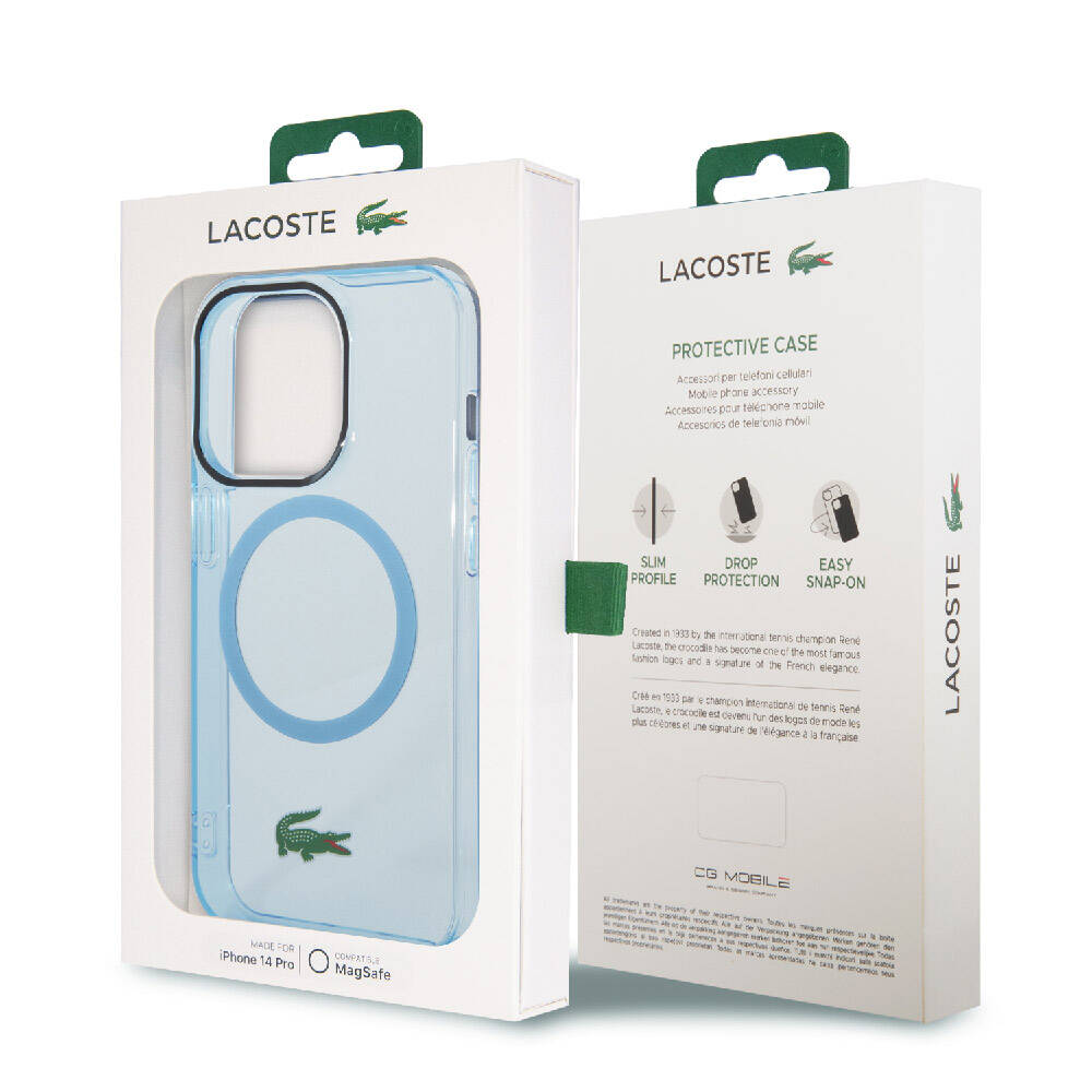 iPhone 15 Pro Max Kılıf Lacoste Orjinal Lisanslı Magsafe Şarj Özellikli Transparan Timsah Logo Baskılı Kılıf Mavi Açık