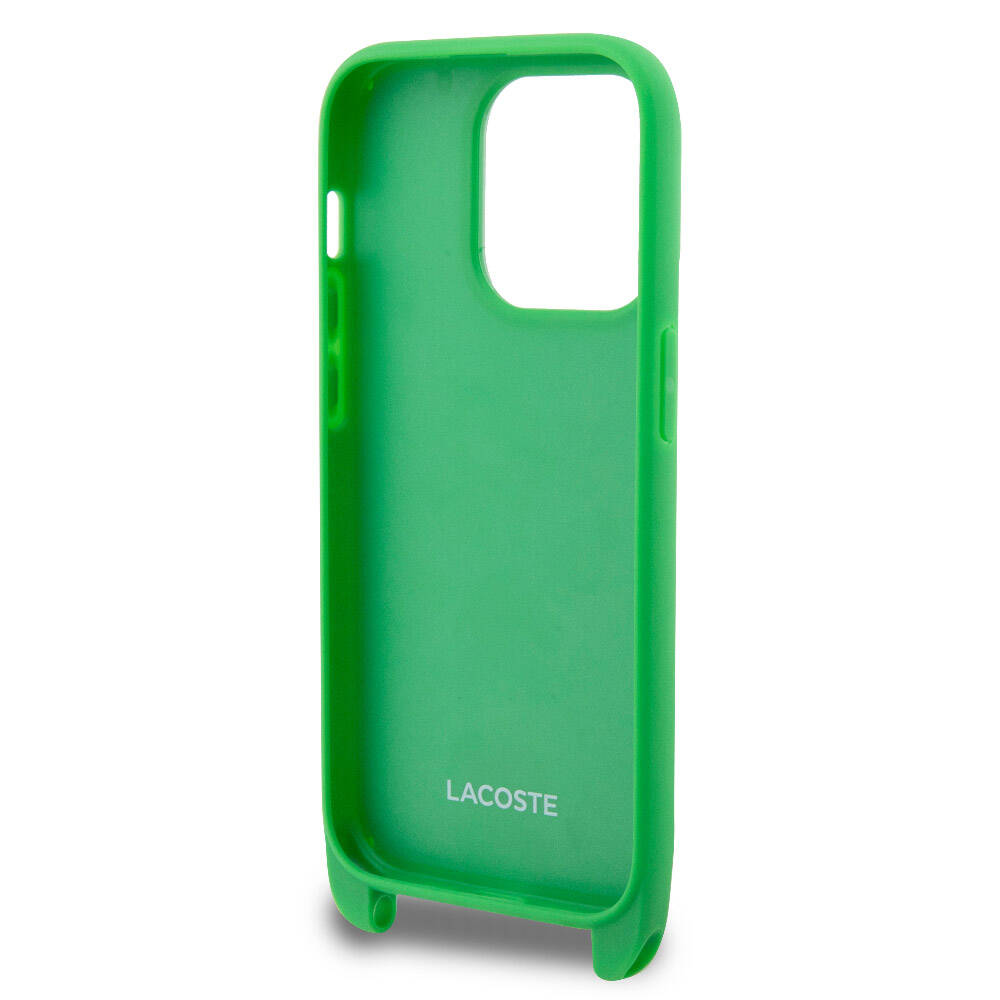 iPhone Yeşil Lacoste Orjinal Lisanslı PU Pike Desenli Arka Yüzey Askılı İkonik Timsah Dokuma Logolu Kapak - enzaksesuar