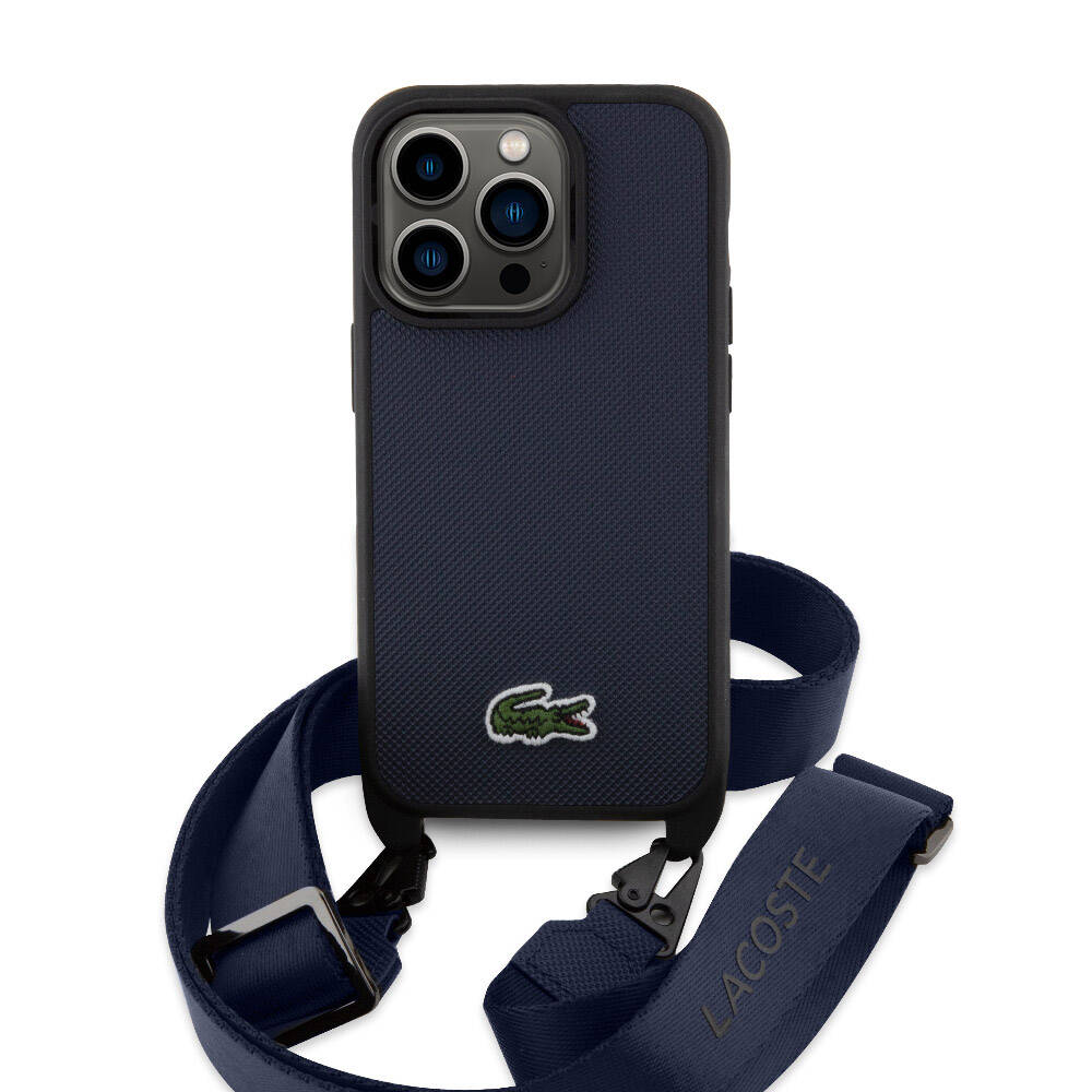 iPhone Lacivert Lacoste Orjinal Lisanslı PU Pike Desenli Arka Yüzey Askılı İkonik Timsah Dokuma Logolu Kapak - enzaksesuar