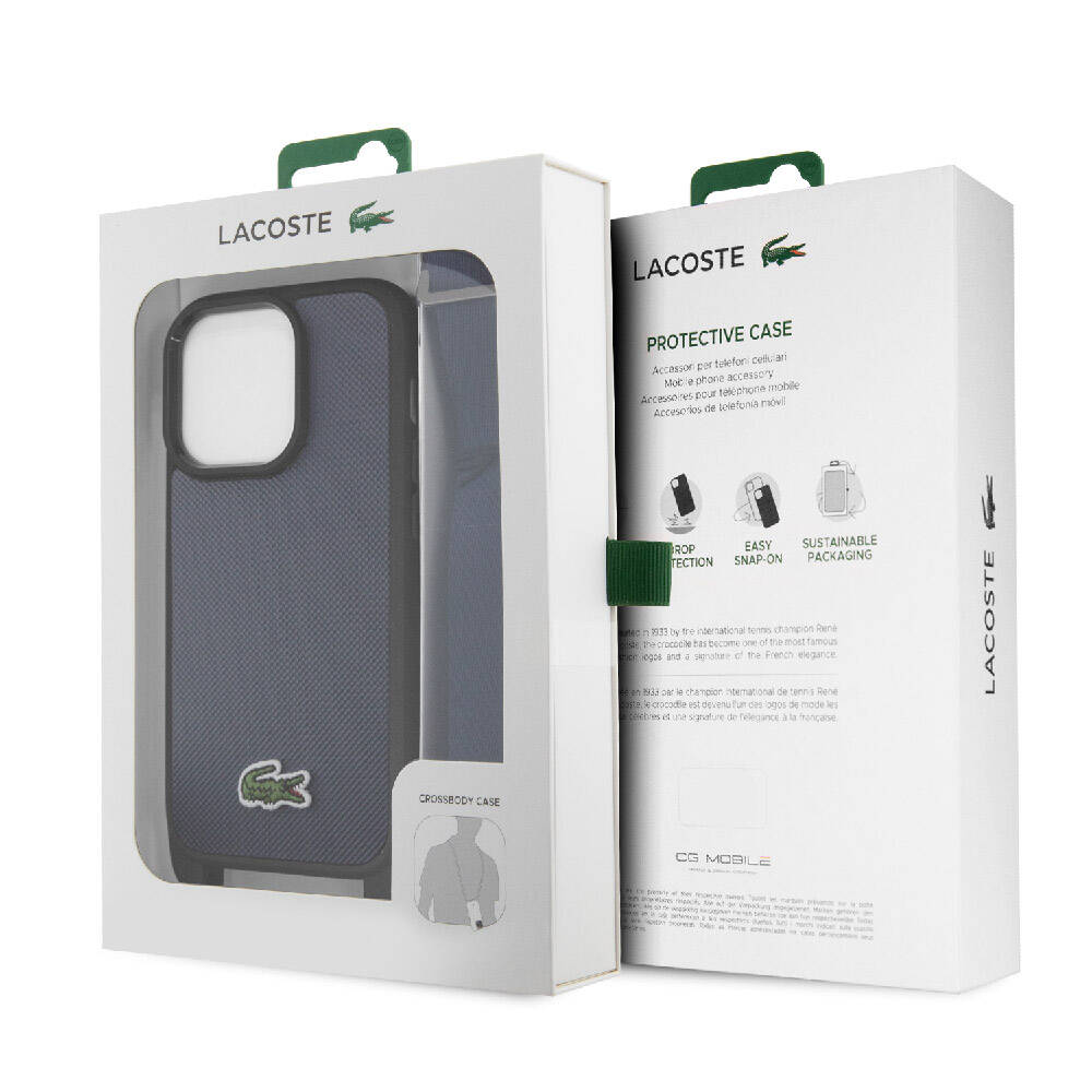 iPhone Lacivert Lacoste Orjinal Lisanslı PU Pike Desenli Arka Yüzey Askılı İkonik Timsah Dokuma Logolu Kapak - enzaksesuar
