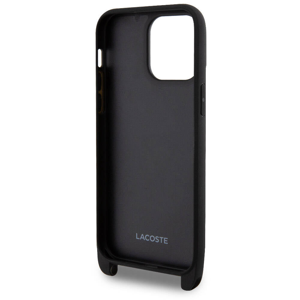 iPhone Siyah Lacoste Orjinal Lisanslı PU Pike Desenli Arka Yüzey Askılı İkonik Timsah Dokuma Logolu Kapak - enzaksesuar