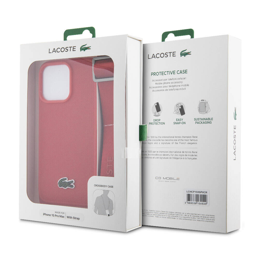 iPhone Kırmızı Lacoste Orjinal Lisanslı PU Pike Desenli Arka Yüzey Askılı İkonik Timsah Dokuma Logolu Kapak - enzaksesuar