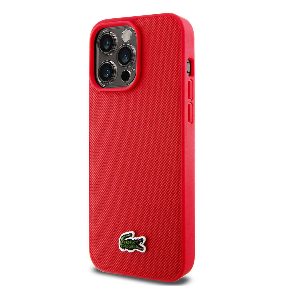 iPhone 15 Pro Max Kılıf Lacoste Orjinal Lisanslı PU Pike Desenli Arka Yüzey İkonik Timsah Dokuma Logolu Kılıf Kırmızı