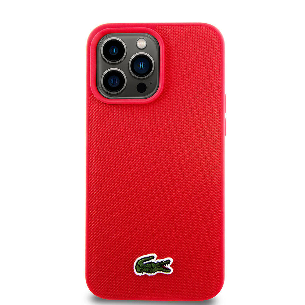 iPhone 15 Pro Max Kılıf Lacoste Orjinal Lisanslı PU Pike Desenli Arka Yüzey İkonik Timsah Dokuma Logolu Kılıf Kırmızı