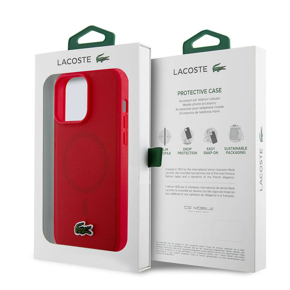 iPhone 15 Pro Max Kılıf Lacoste Orjinal Lisanslı PU Pike Desenli Arka Yüzey İkonik Timsah Dokuma Logolu Kılıf Kırmızı